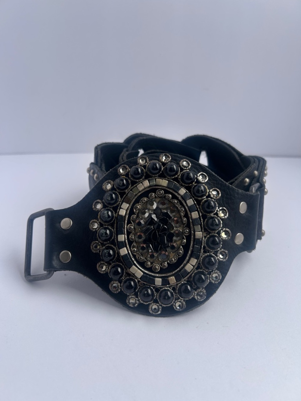 Black Studded Leather Waist Belt with Decorative Medallion